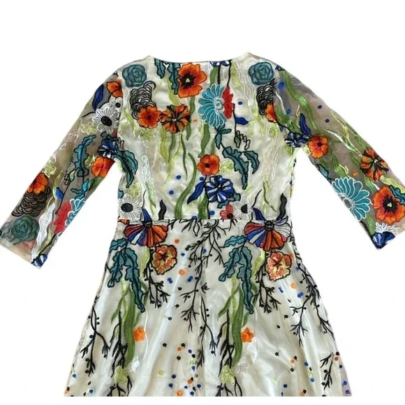 Antrophology Vicky and Lucas Floral Embroidered Midi Dress Sheer Overlay Party L - Picture 13 of 13